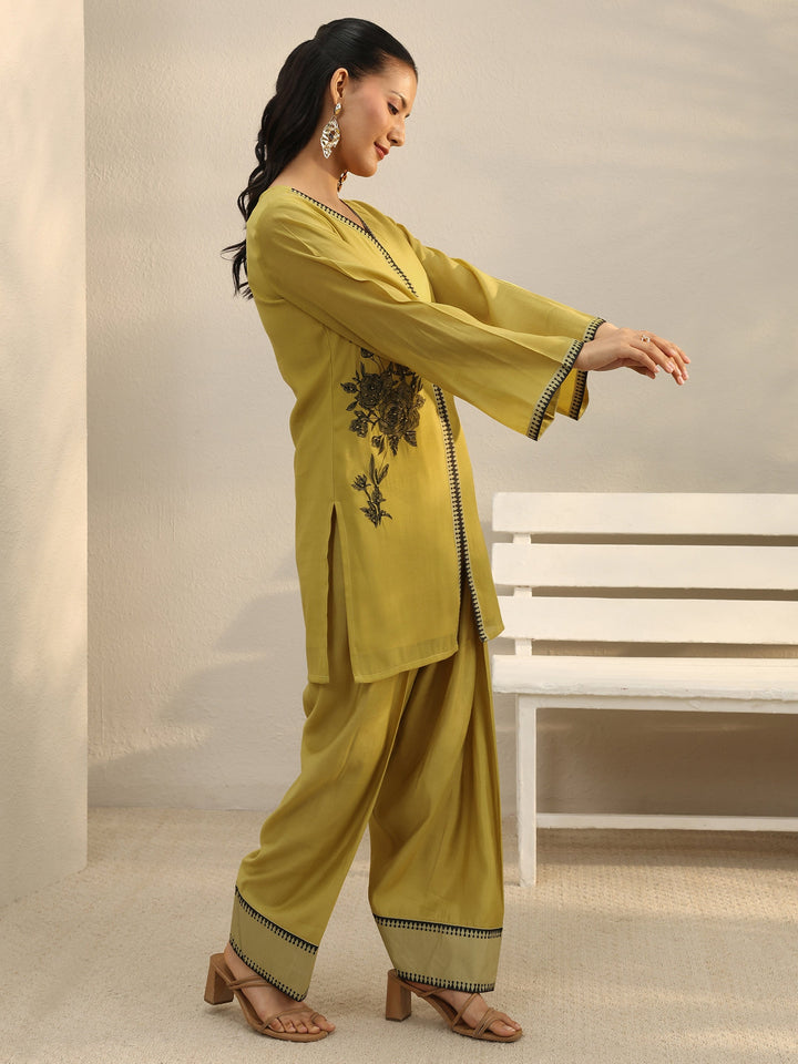 Mustard Floral Embroidered Chanderi Silk Straight Suit Set