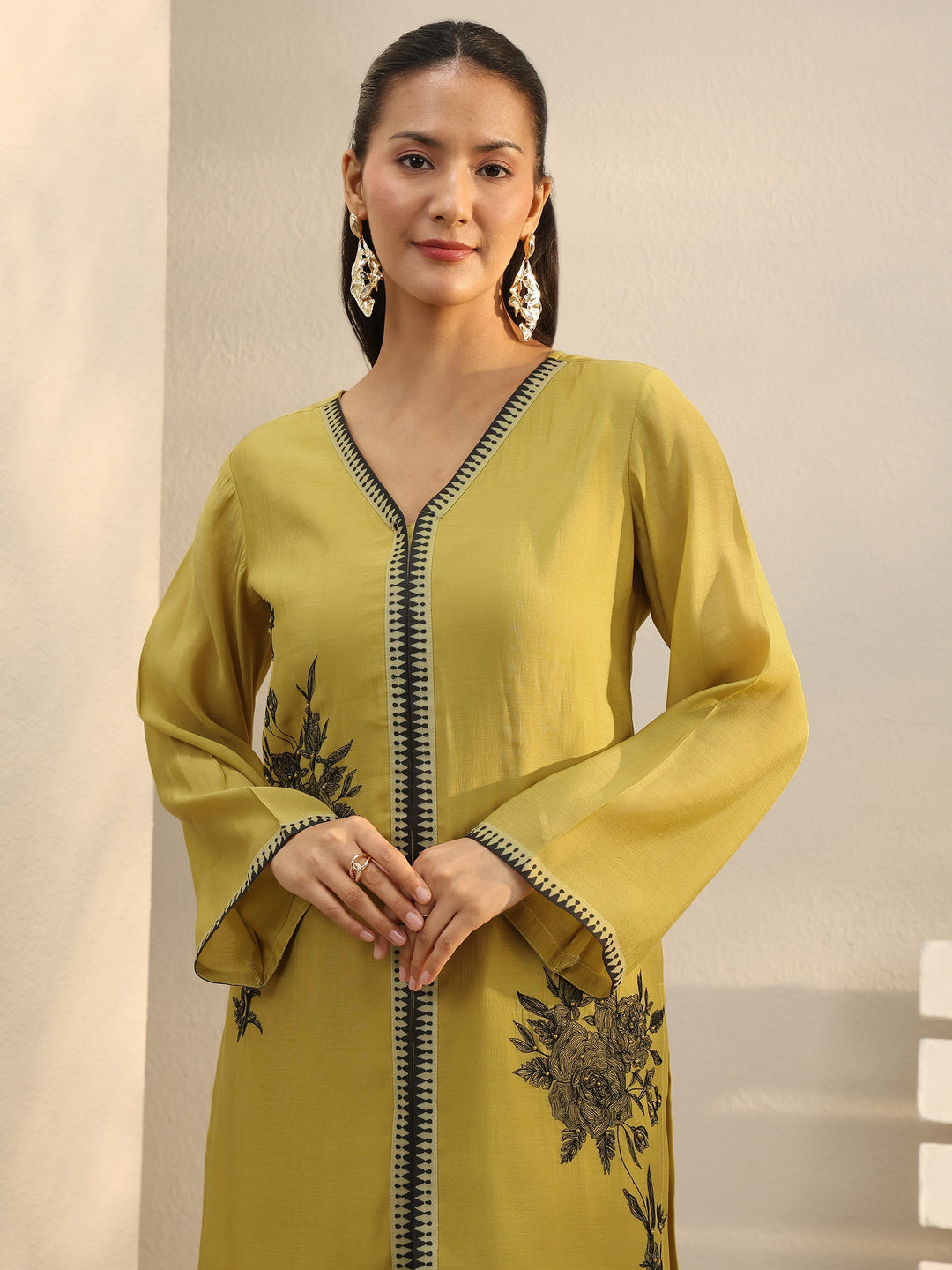 Mustard Floral Embroidered Chanderi Silk Straight Suit Set