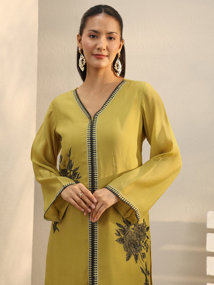 Mustard Floral Embroidered Chanderi Silk Straight Suit Set