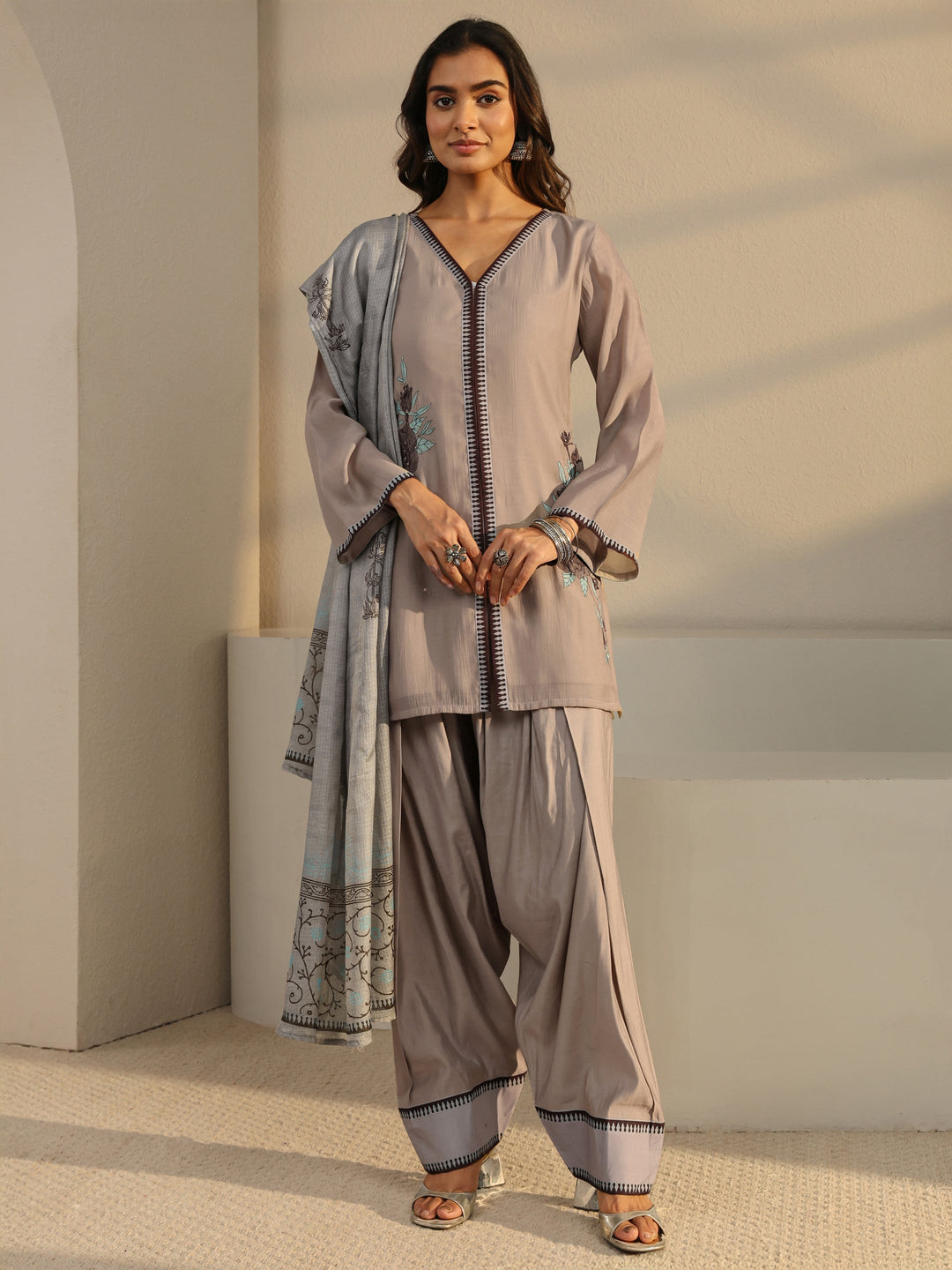 Taupe Floral Embroidered Chanderi Silk Straight Suit Set