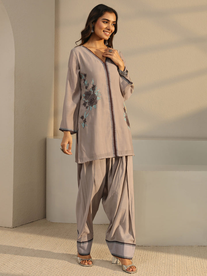 Taupe Floral Embroidered Chanderi Silk Straight Suit Set
