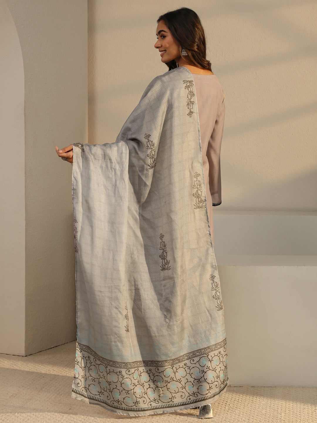 Taupe Floral Embroidered Chanderi Silk Straight Suit Set