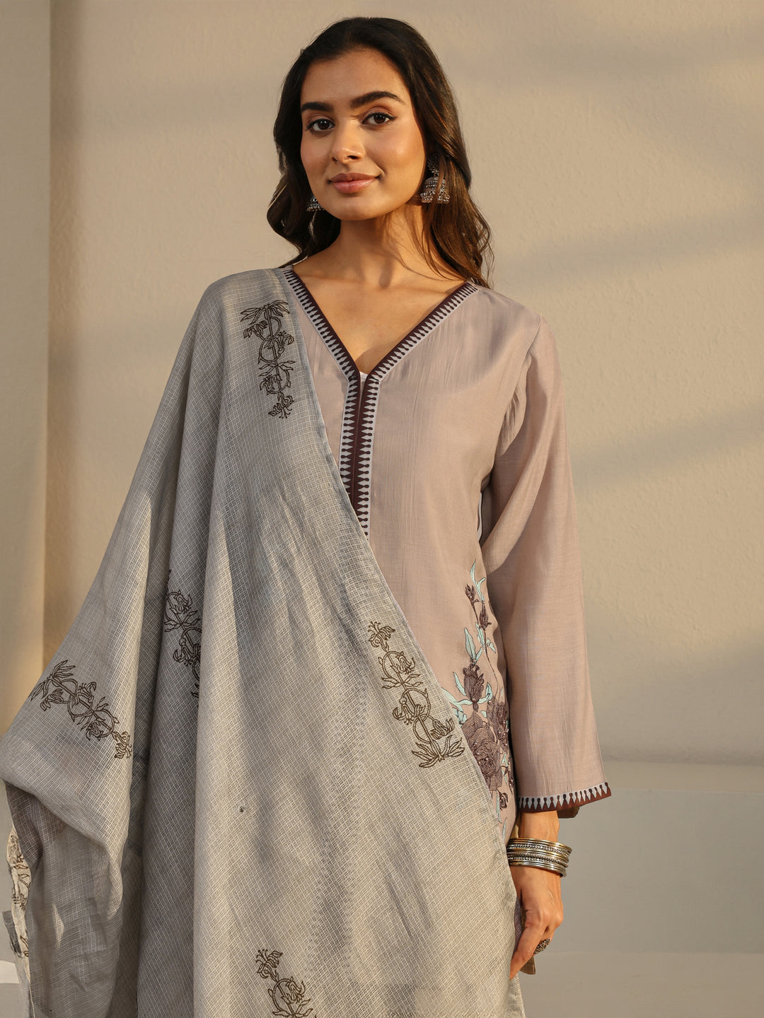 Taupe Floral Embroidered Chanderi Silk Straight Suit Set