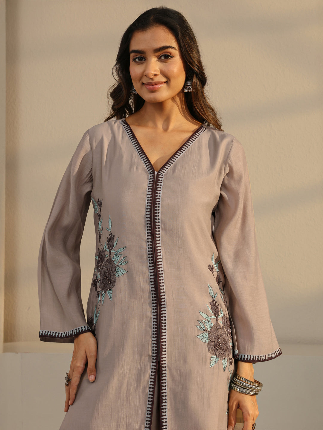 Taupe Floral Embroidered Chanderi Silk Straight Suit Set
