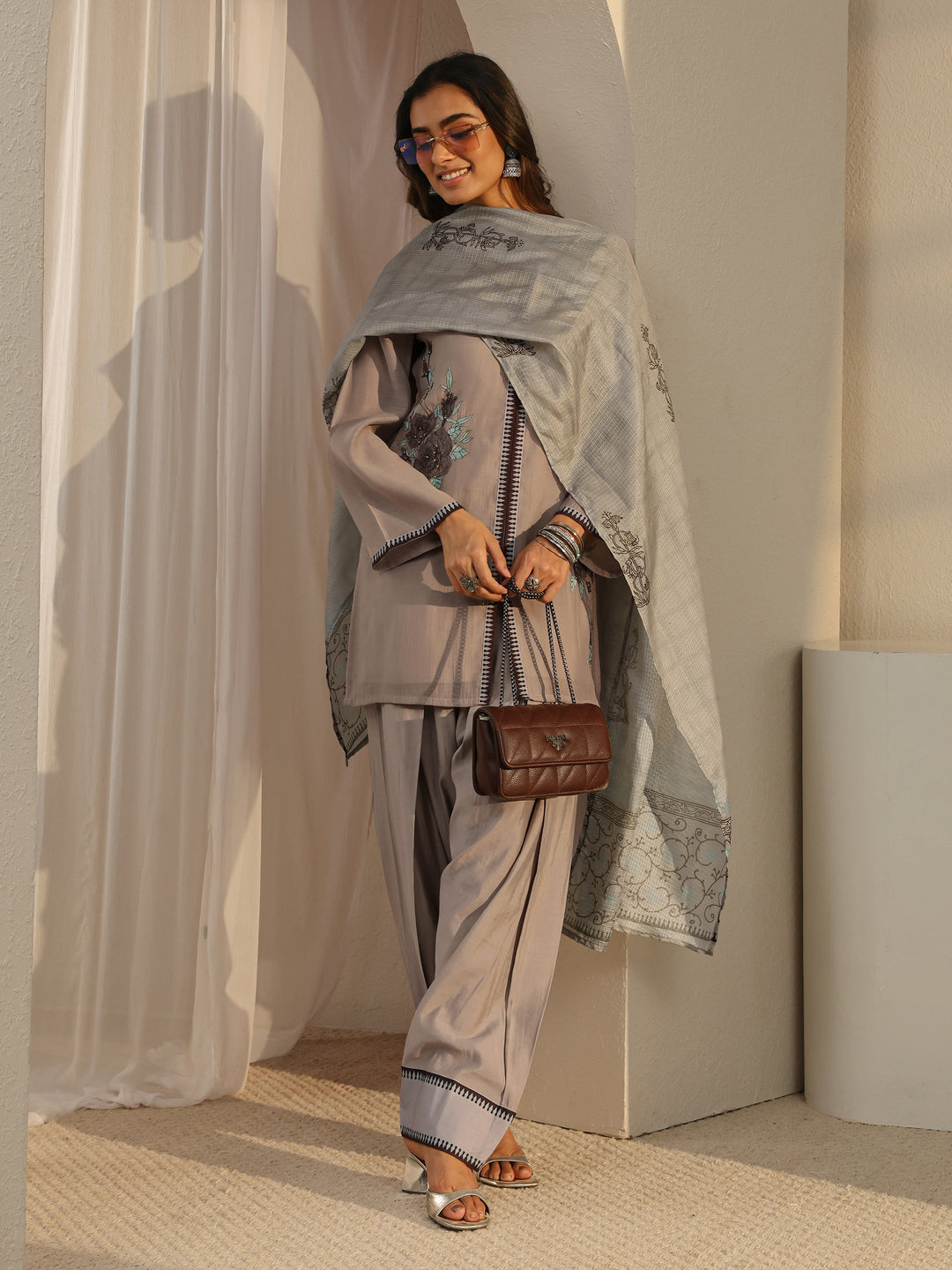 Taupe Floral Embroidered Chanderi Silk Straight Suit Set