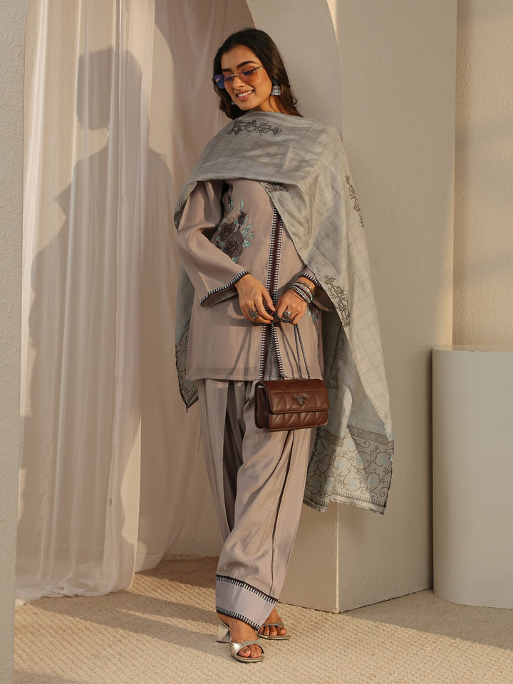Taupe Floral Embroidered Chanderi Silk Straight Suit Set