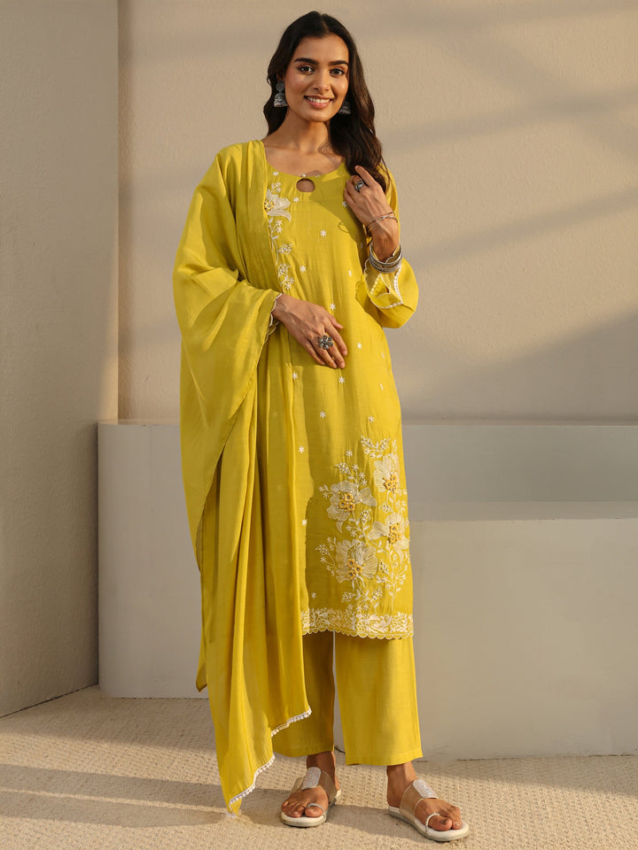 Mustard Floral Embroidered Chanderi Silk Straight Suit Set