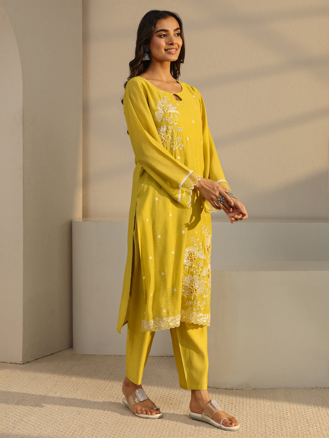 Mustard Floral Embroidered Chanderi Silk Straight Suit Set