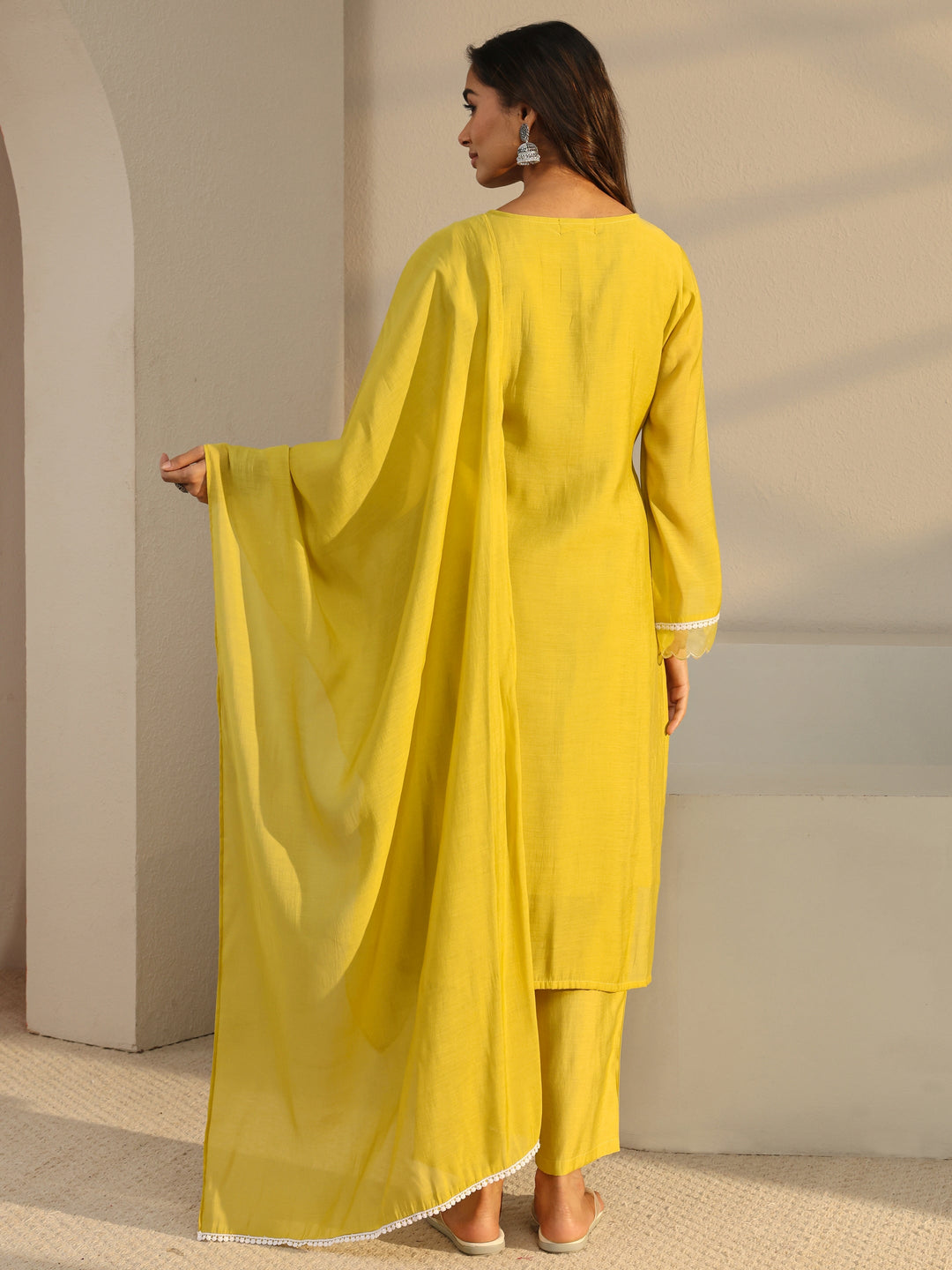 Mustard Floral Embroidered Chanderi Silk Straight Suit Set
