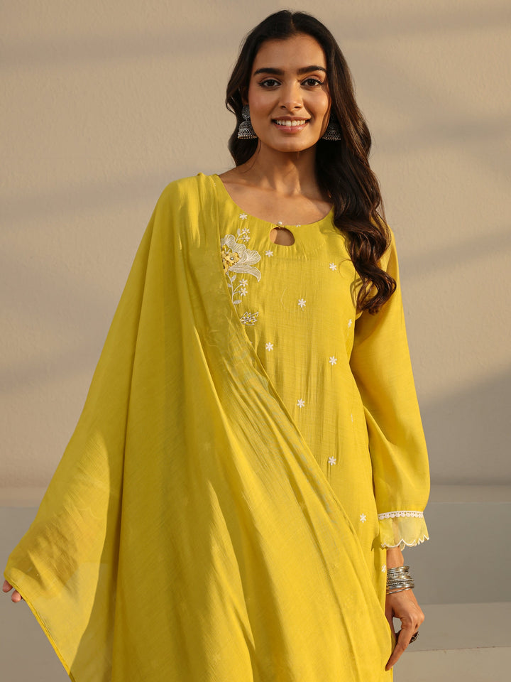 Mustard Floral Embroidered Chanderi Silk Straight Suit Set