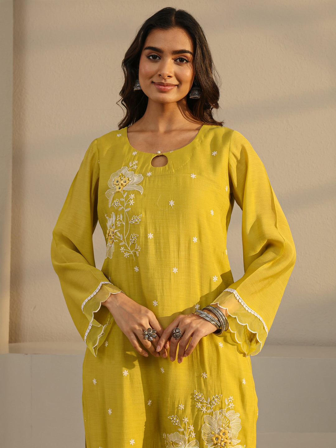 Mustard Floral Embroidered Chanderi Silk Straight Suit Set