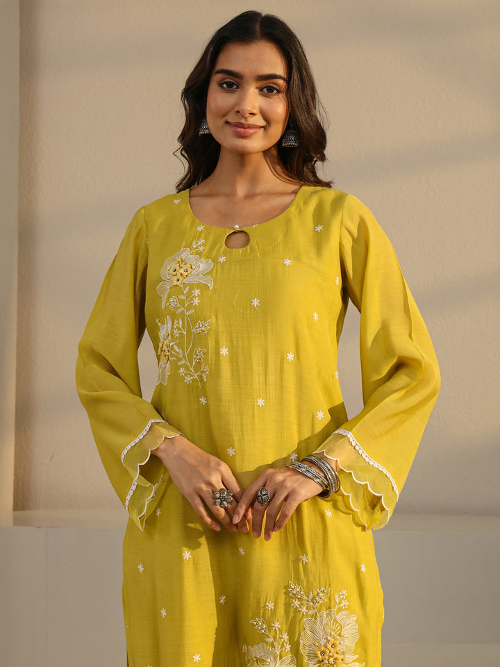Mustard Floral Embroidered Chanderi Silk Straight Suit Set