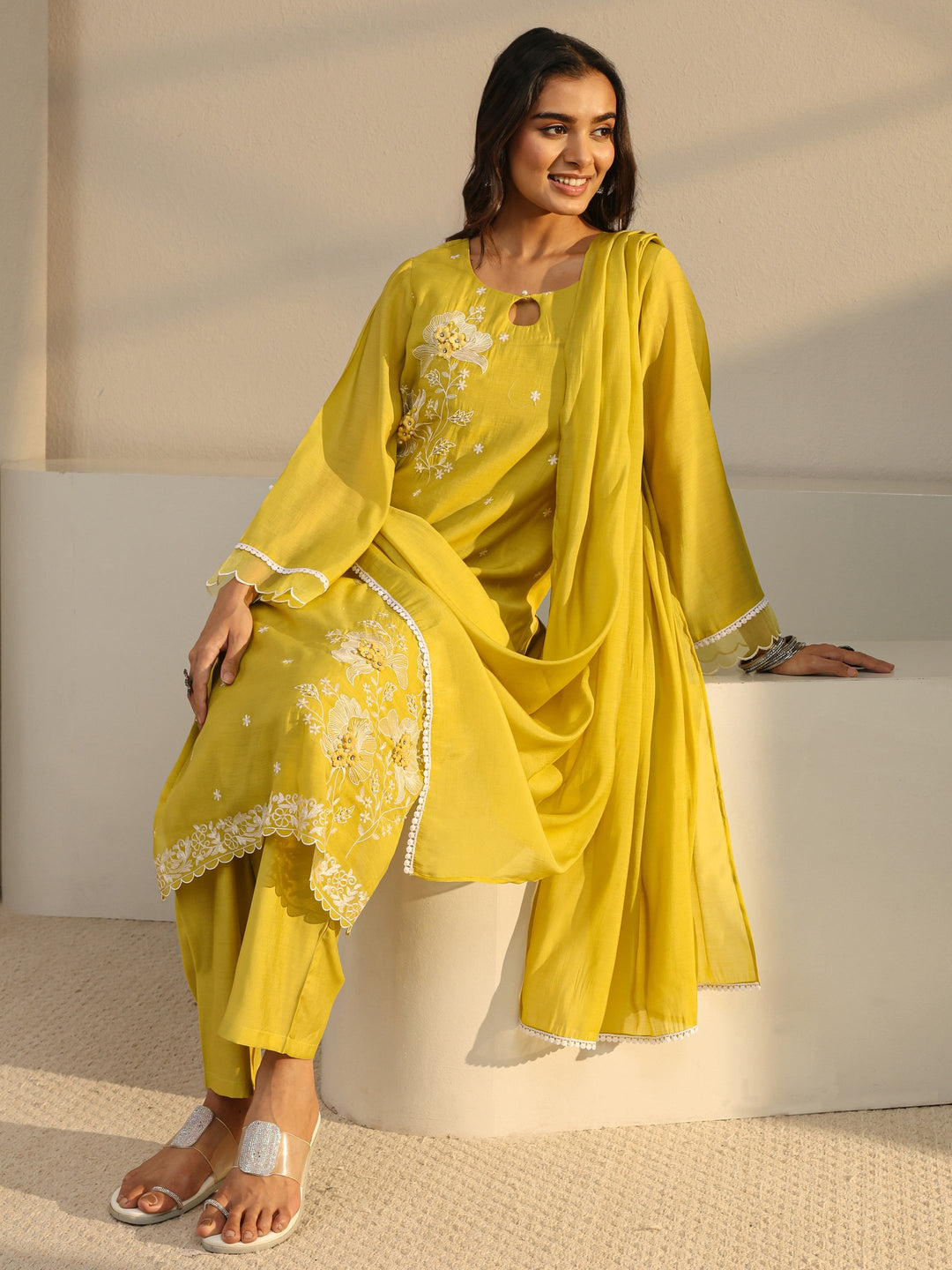Mustard Floral Embroidered Chanderi Silk Straight Suit Set
