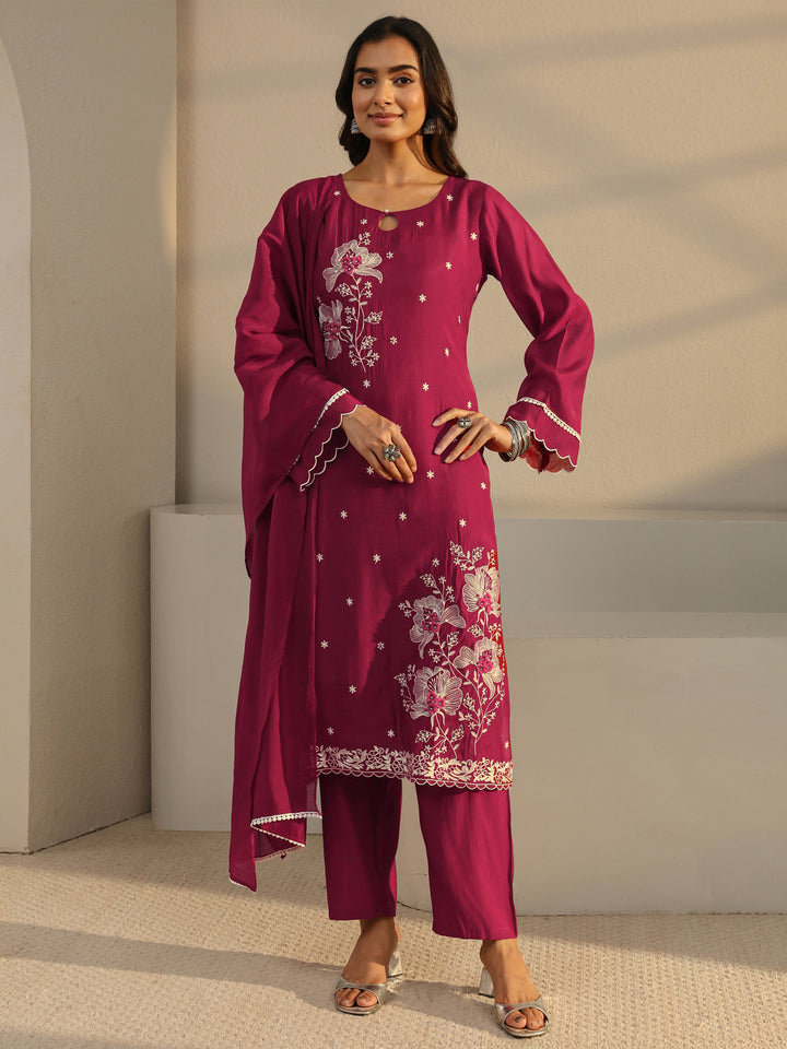 Maroon Floral Embroidered Chanderi Silk Straight Suit Set