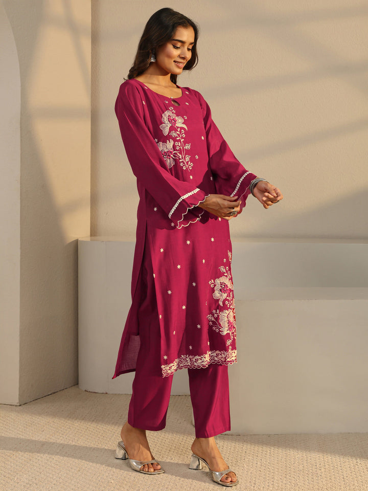 Maroon Floral Embroidered Chanderi Silk Straight Suit Set