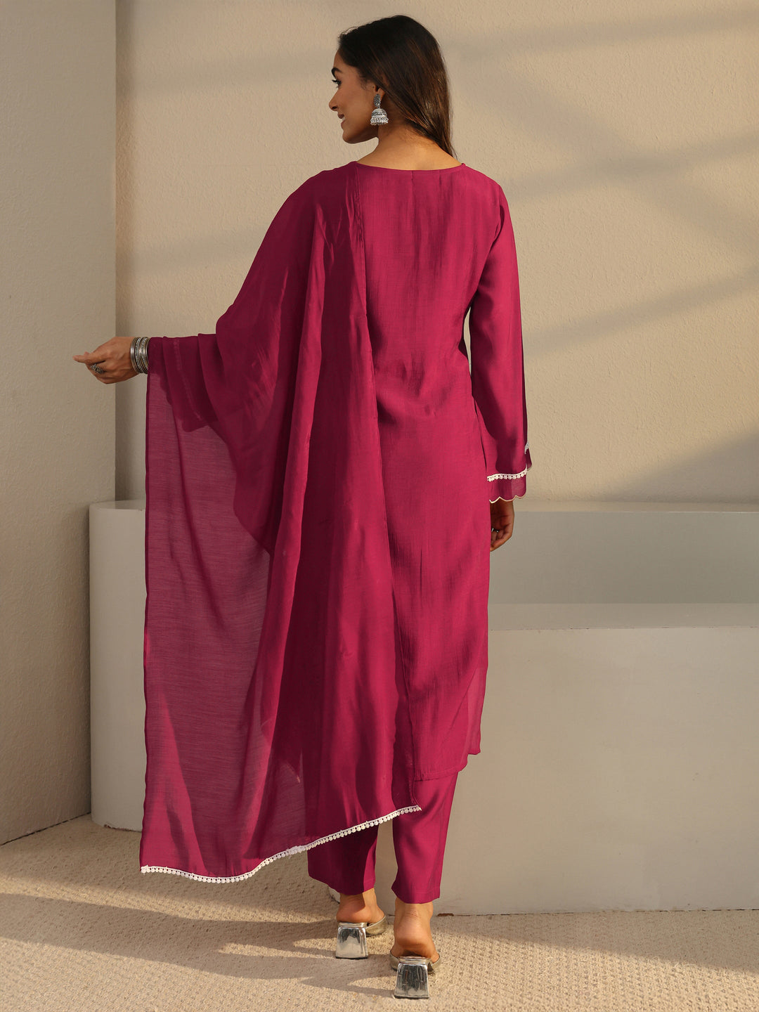 Maroon Floral Embroidered Chanderi Silk Straight Suit Set