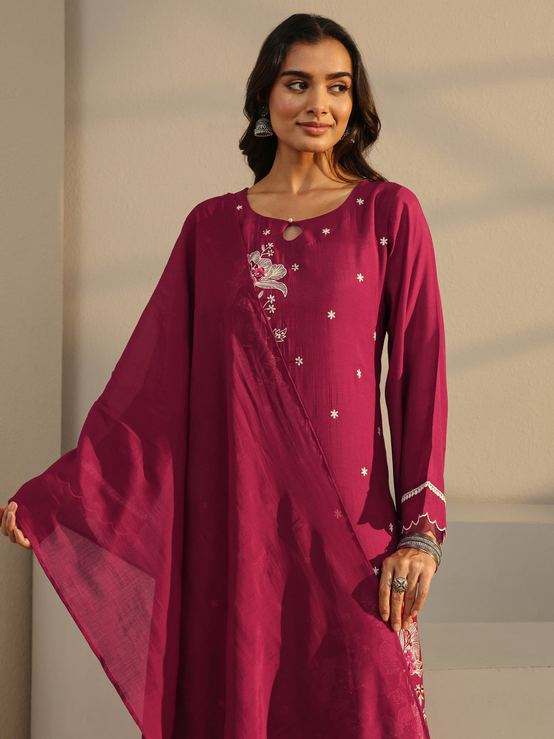 Maroon Floral Embroidered Chanderi Silk Straight Suit Set