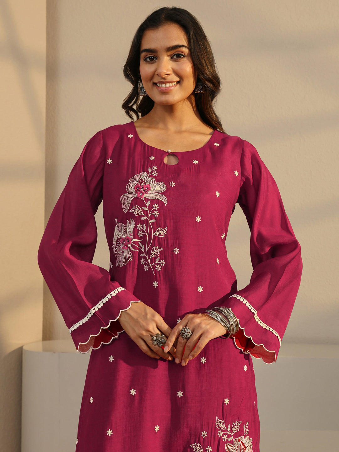 Maroon Floral Embroidered Chanderi Silk Straight Suit Set