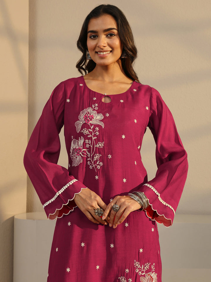 Maroon Floral Embroidered Chanderi Silk Straight Suit Set