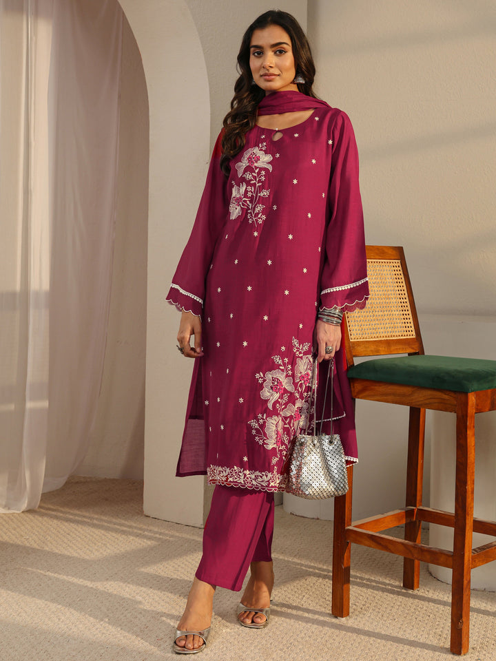 Maroon Floral Embroidered Chanderi Silk Straight Suit Set