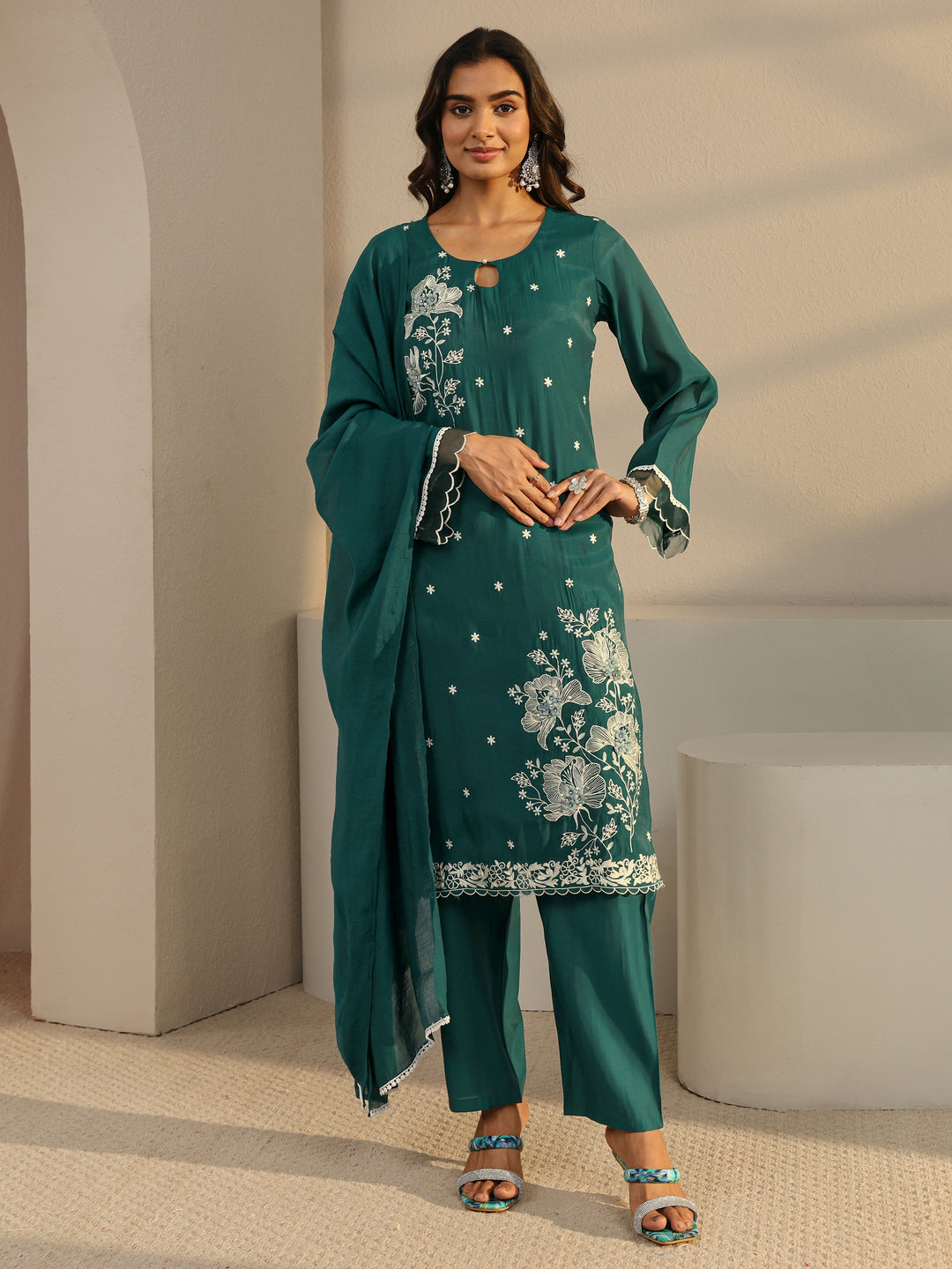 Green Floral Embroidered Chanderi Silk Straight Suit Set