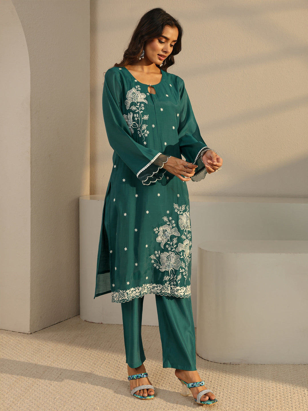 Green Floral Embroidered Chanderi Silk Straight Suit Set