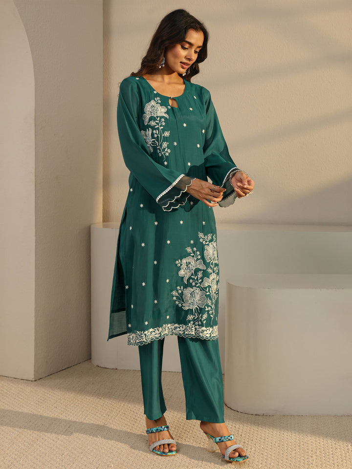 Green Floral Embroidered Chanderi Silk Straight Suit Set