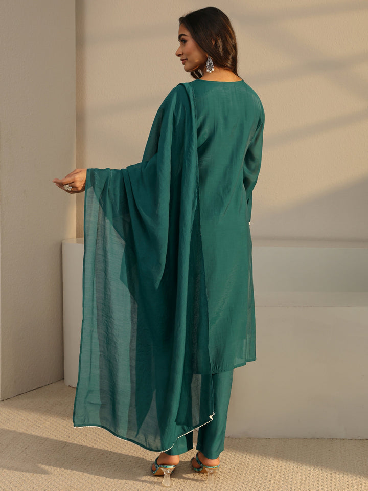 Green Floral Embroidered Chanderi Silk Straight Suit Set