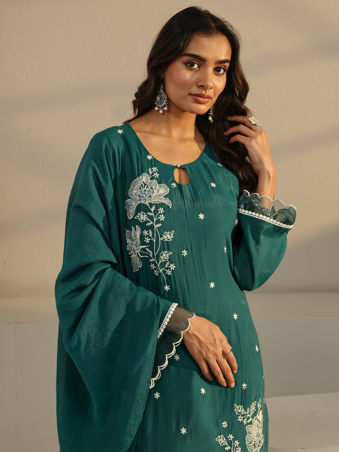 Green Floral Embroidered Chanderi Silk Straight Suit Set