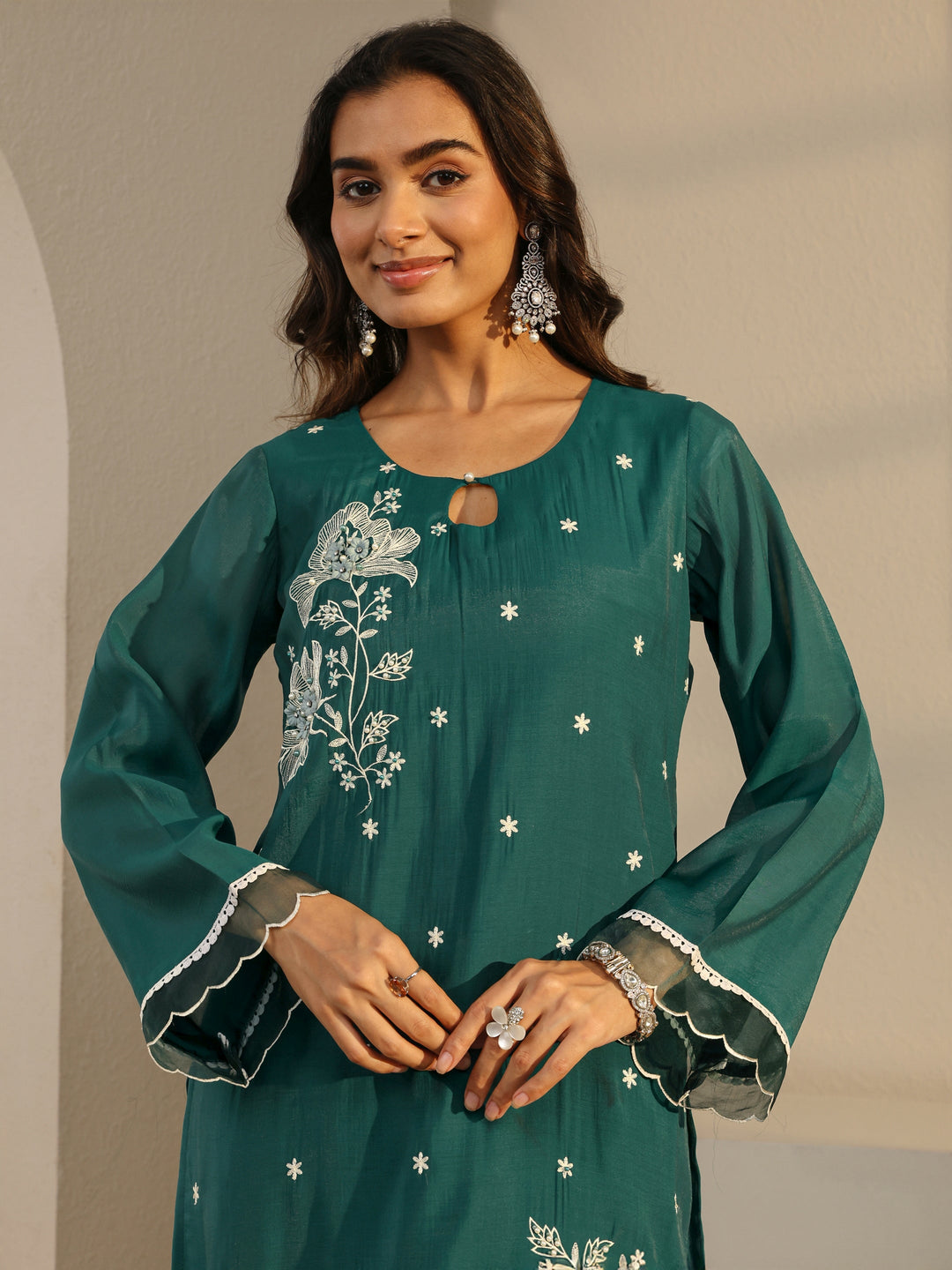 Green Floral Embroidered Chanderi Silk Straight Suit Set