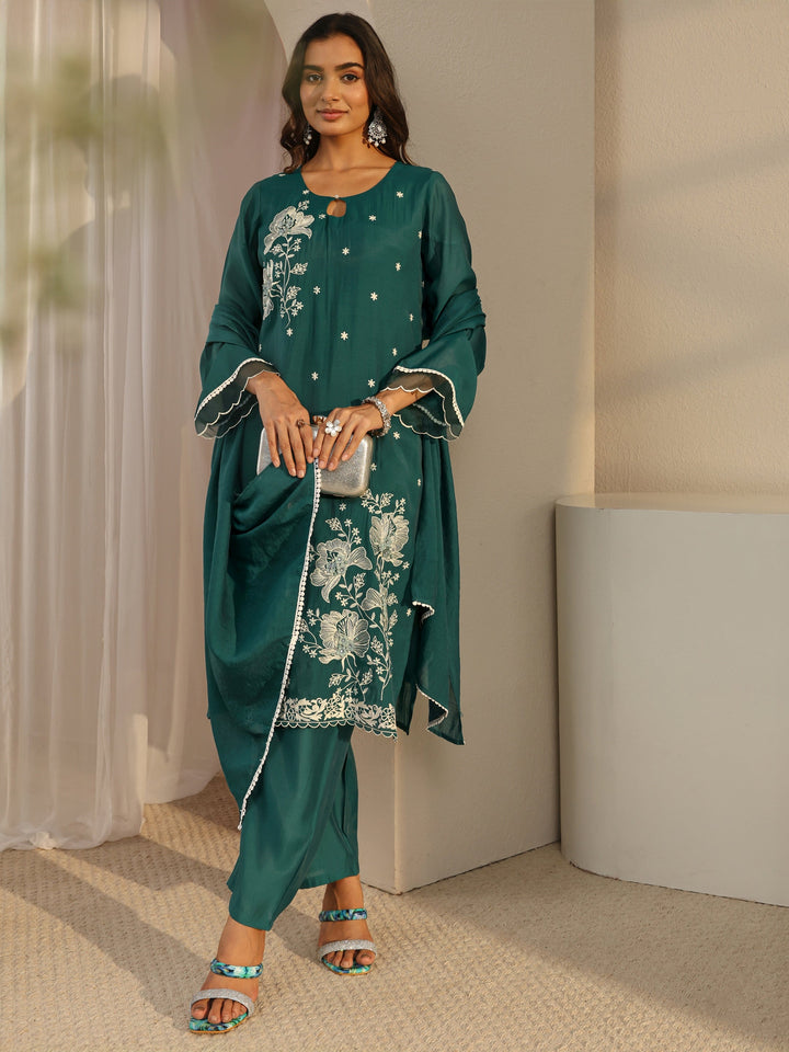 Green Floral Embroidered Chanderi Silk Straight Suit Set