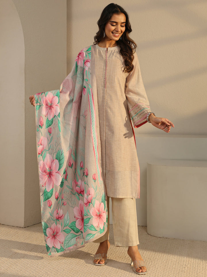 Beige Solid Linen Straight Suit Set