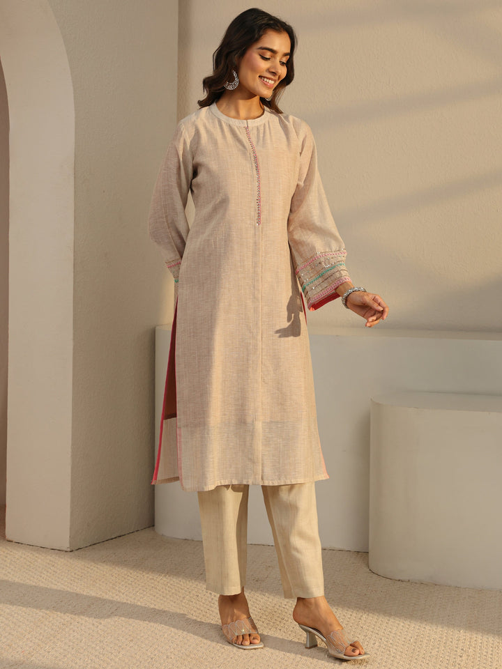 Beige Solid Linen Straight Suit Set