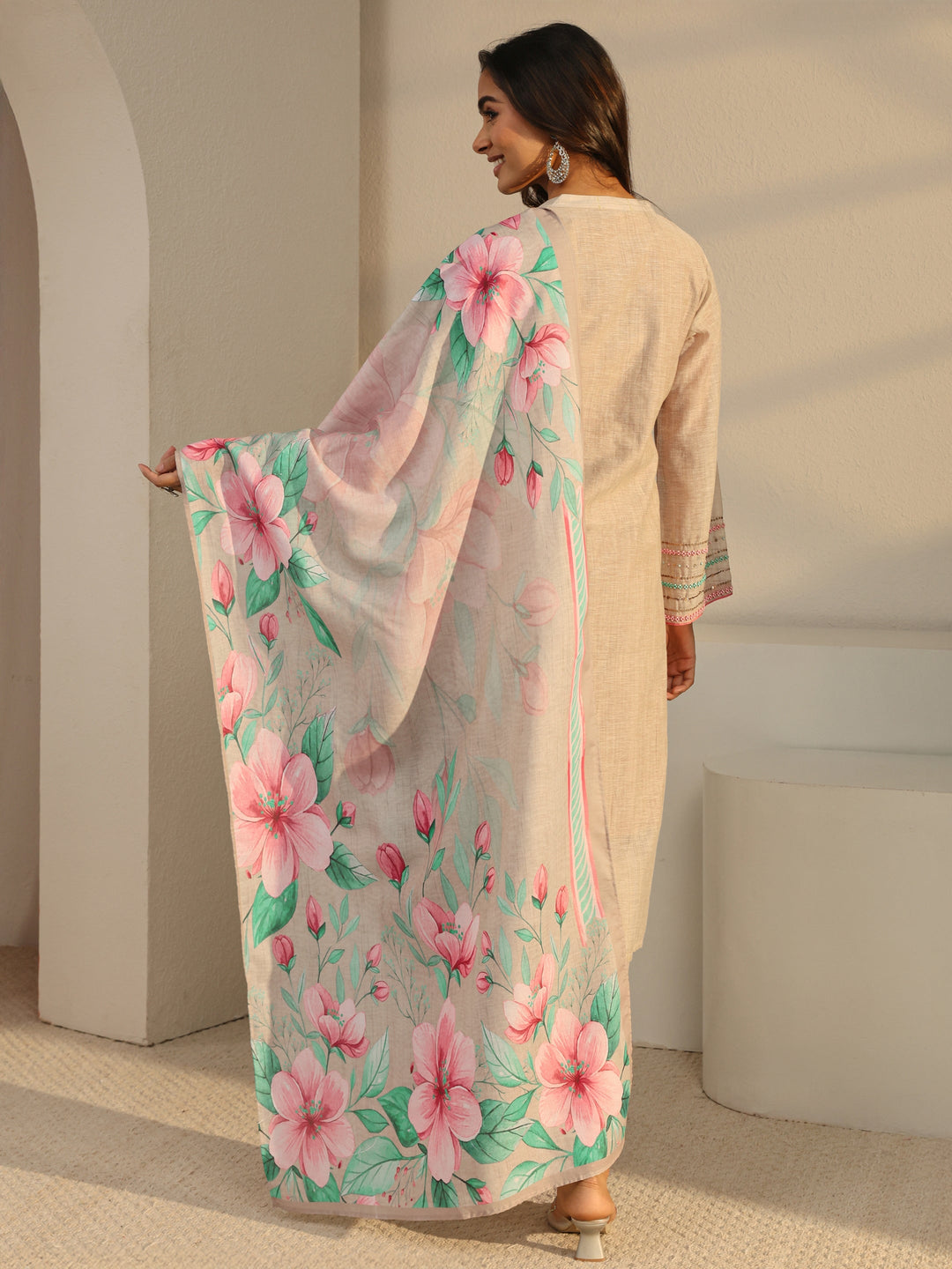 Beige Solid Linen Straight Suit Set
