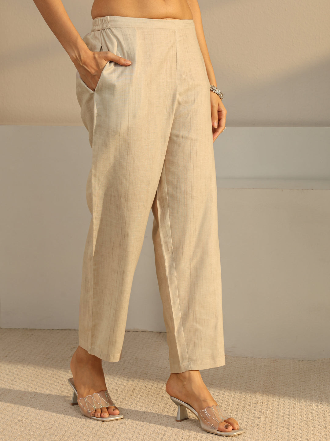 Beige Solid Linen Straight Suit Set