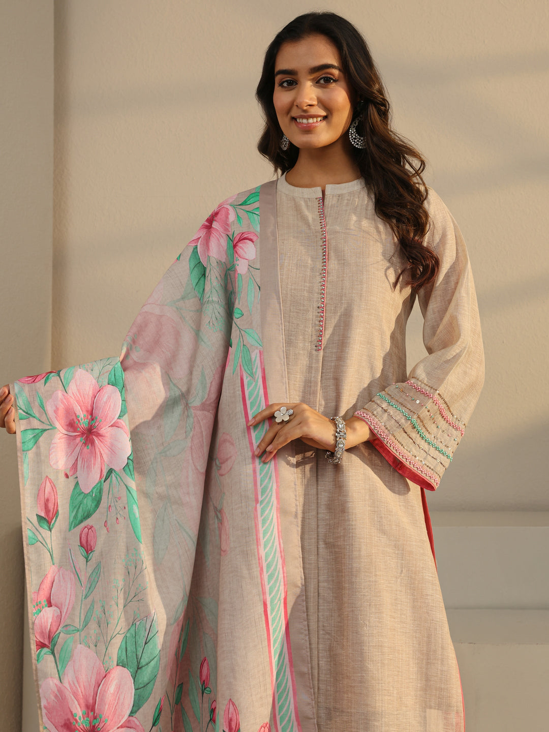 Beige Solid Linen Straight Suit Set