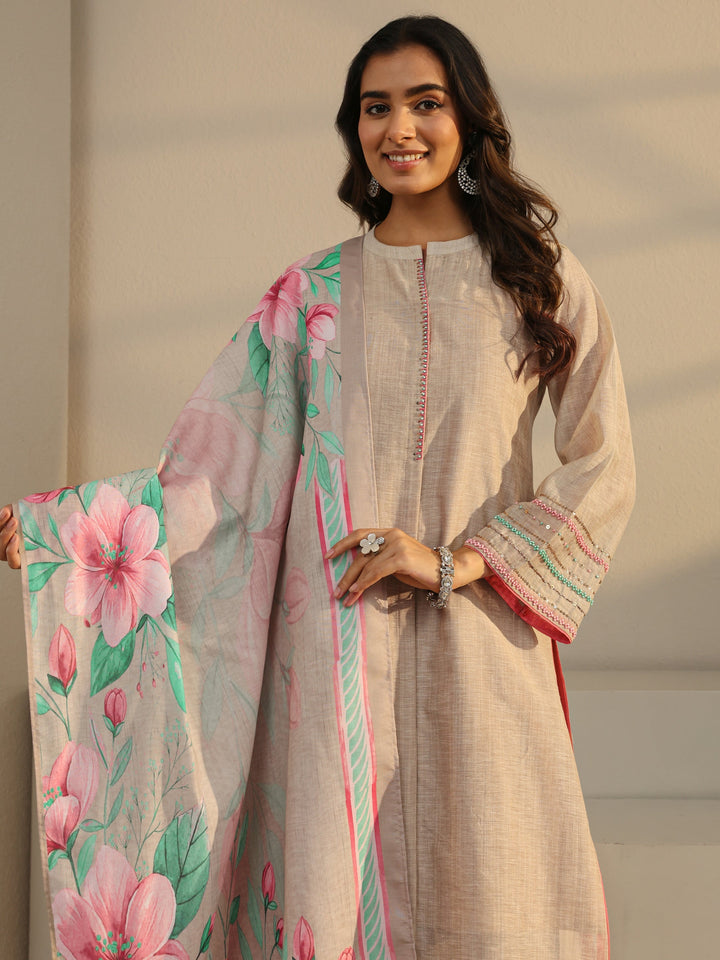 Beige Solid Linen Straight Suit Set