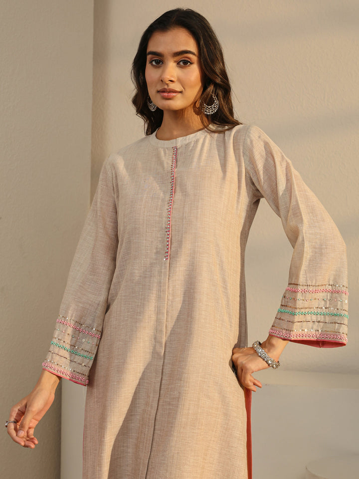 Beige Solid Linen Straight Suit Set
