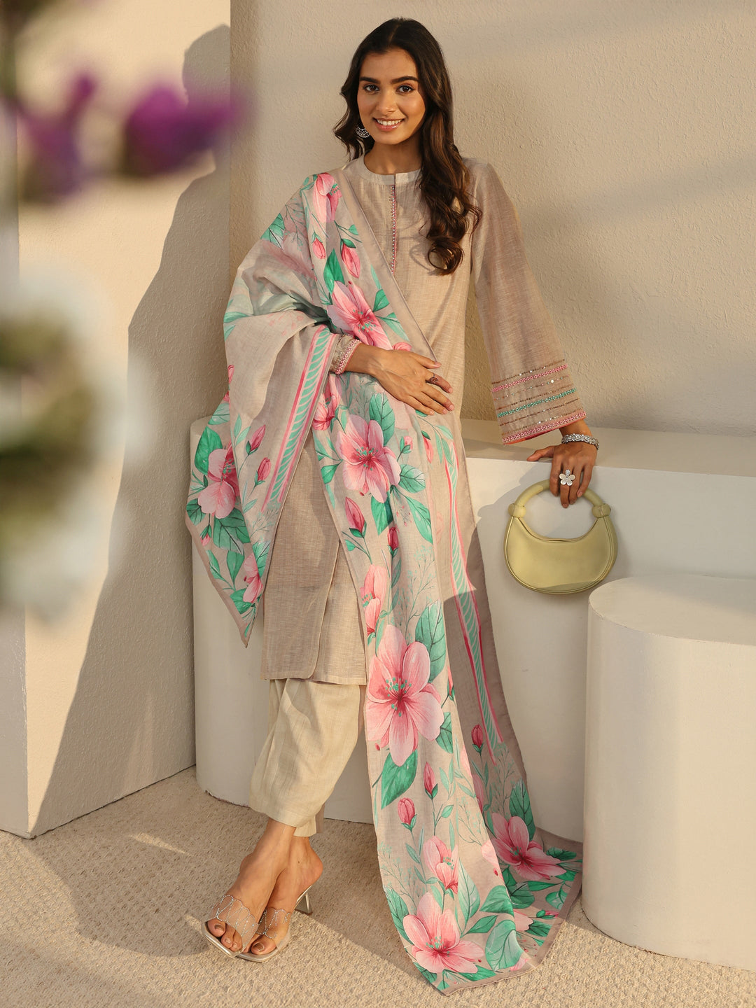 Beige Solid Linen Straight Suit Set