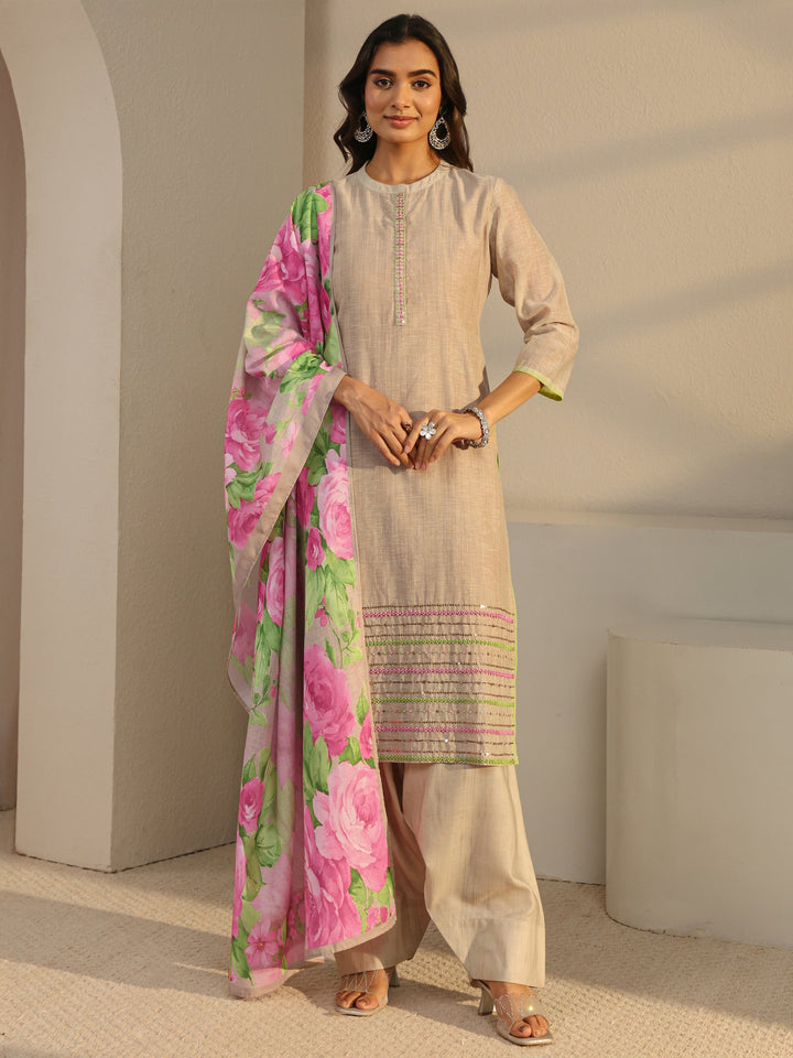 Beige Solid Linen Straight Suit Set