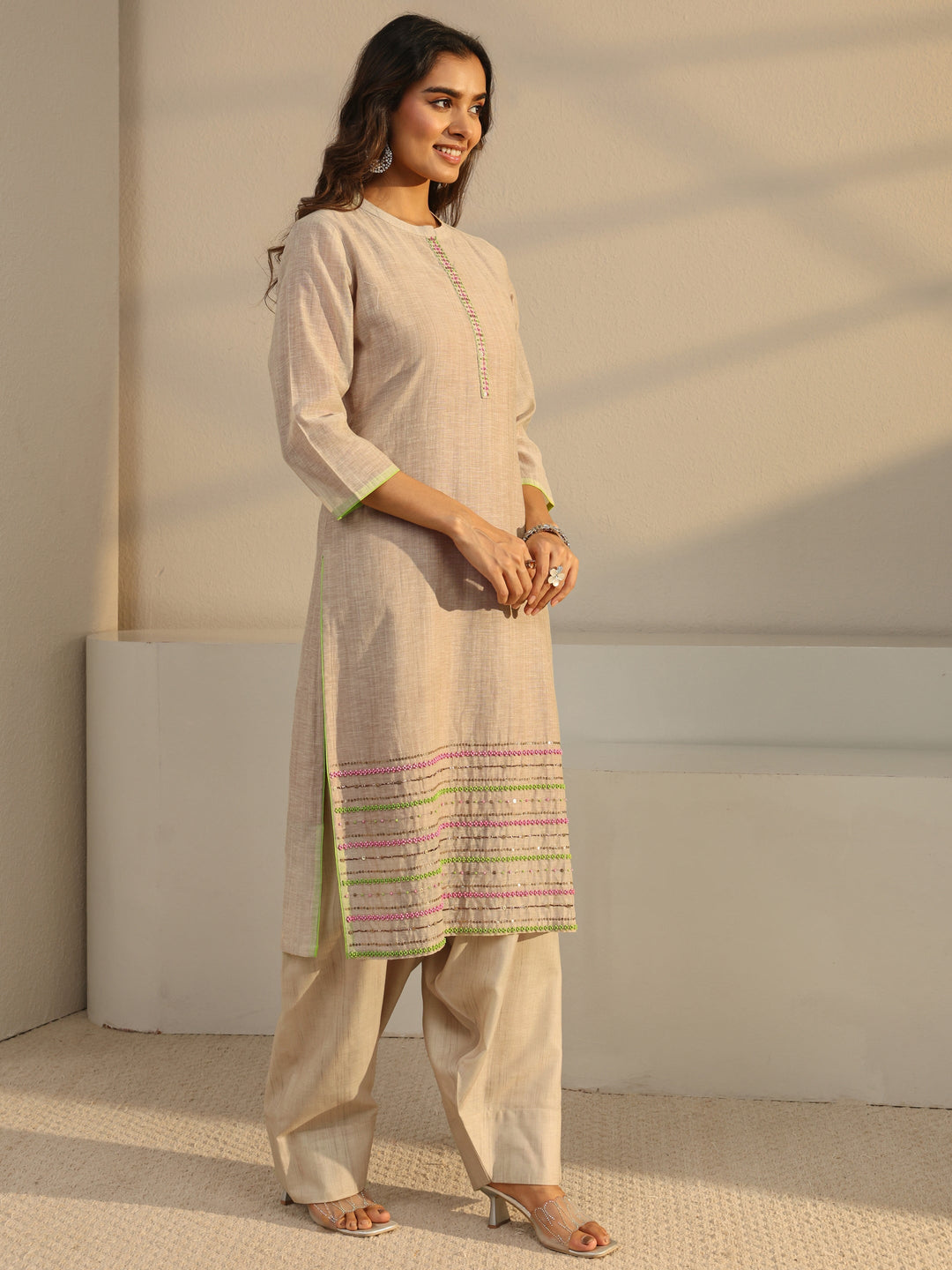 Beige Solid Linen Straight Suit Set
