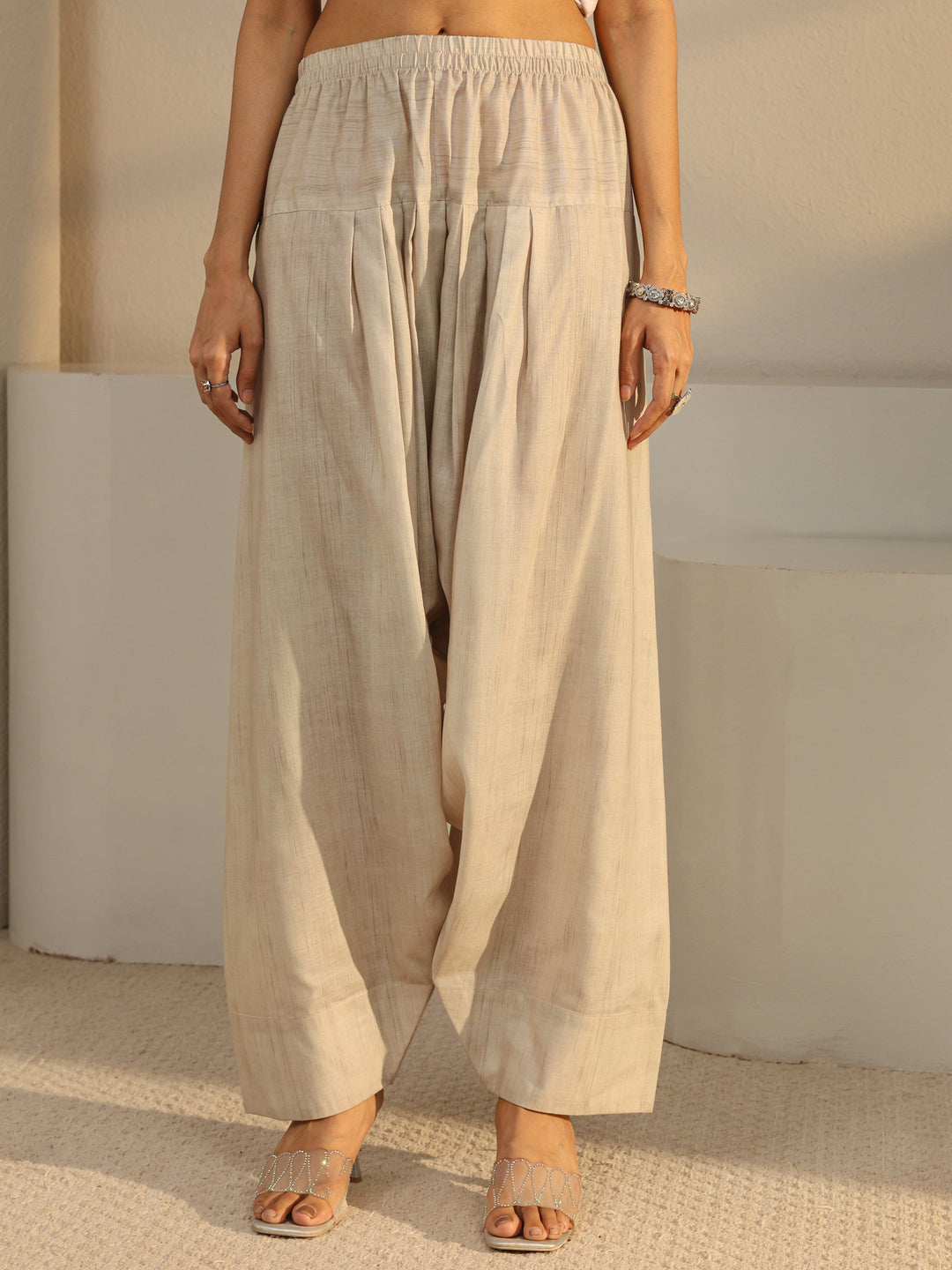 Beige Solid Linen Straight Suit Set