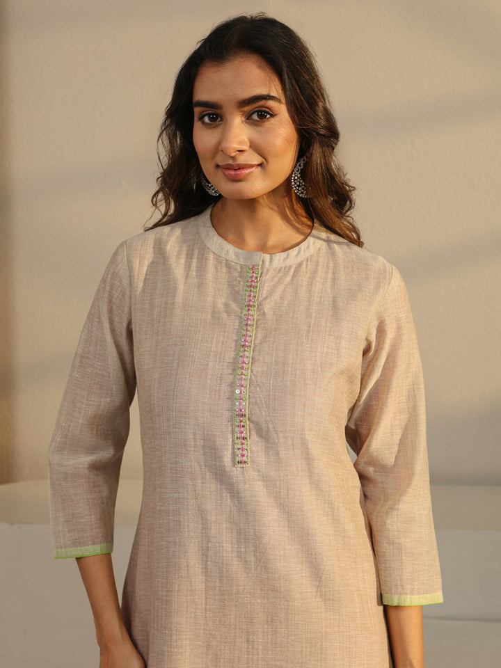 Beige Solid Linen Straight Suit Set