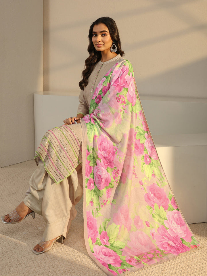 Beige Solid Linen Straight Suit Set