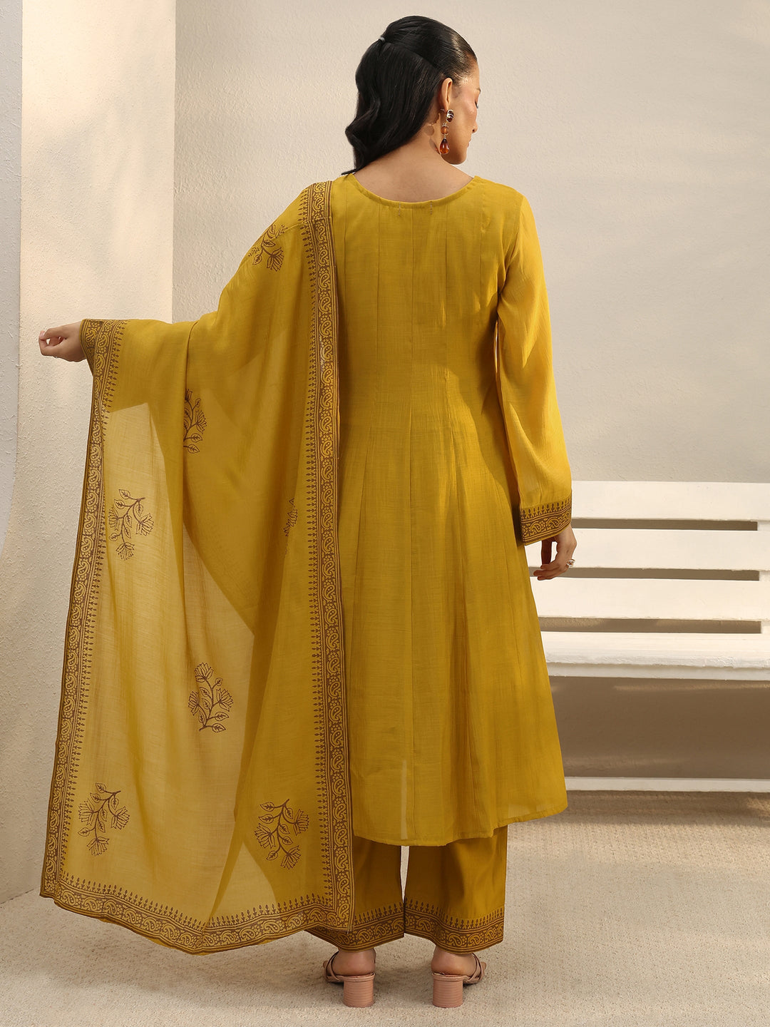 Mustard Floral Embroidered Chanderi Silk A-Line Suit Set