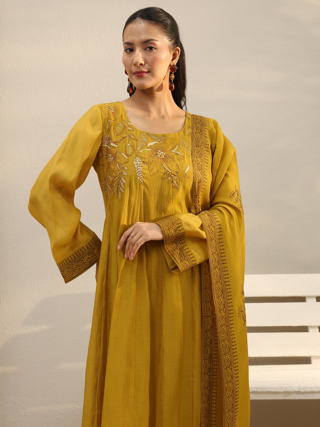 Mustard Floral Embroidered Chanderi Silk A-Line Suit Set