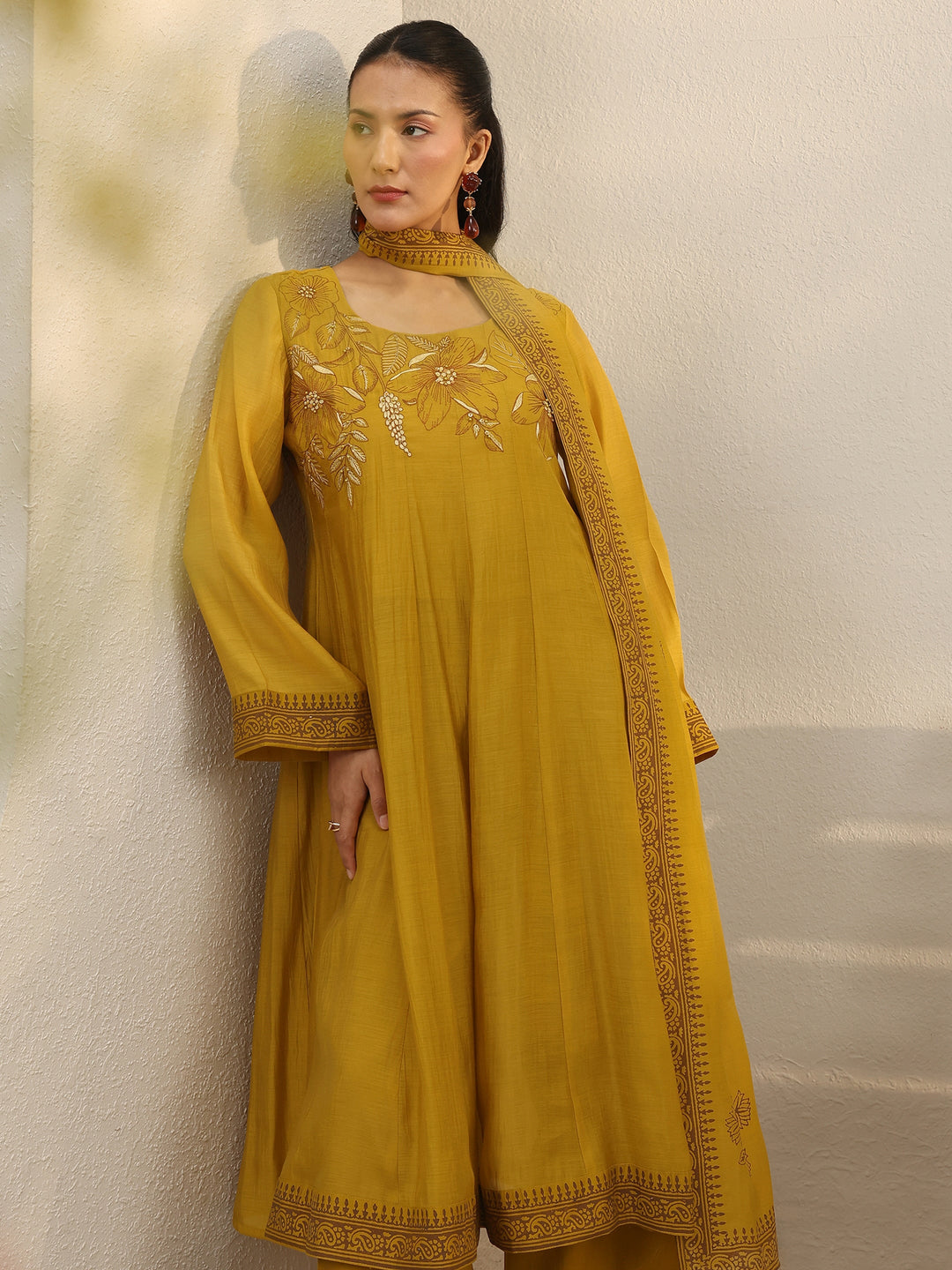 Mustard Floral Embroidered Chanderi Silk A-Line Suit Set