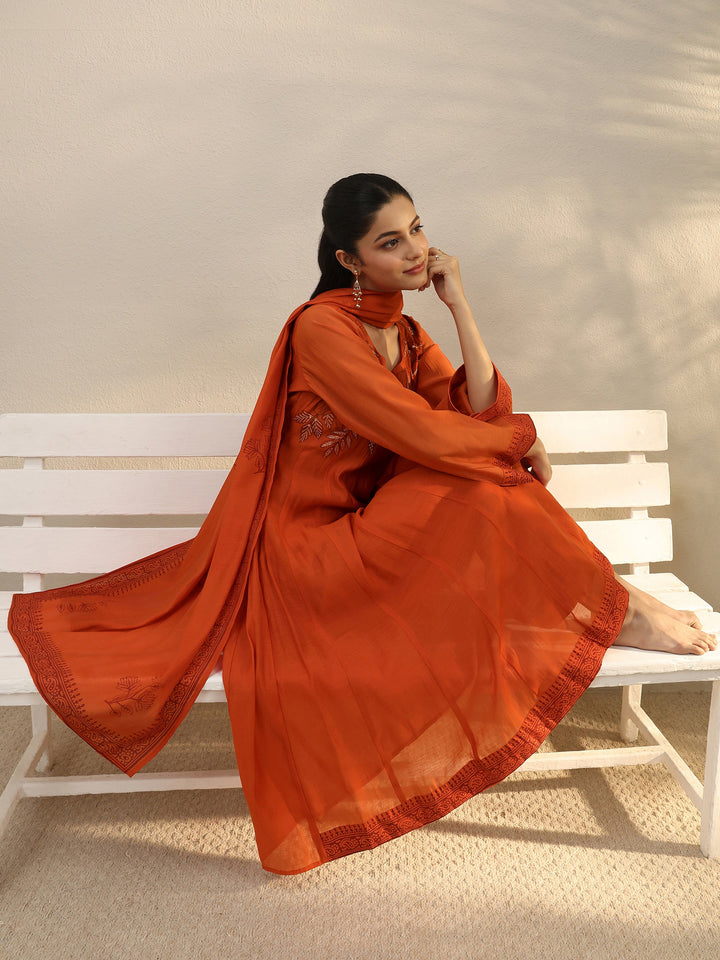 Orange Floral Embroidered Chanderi Silk A-Line Suit Set