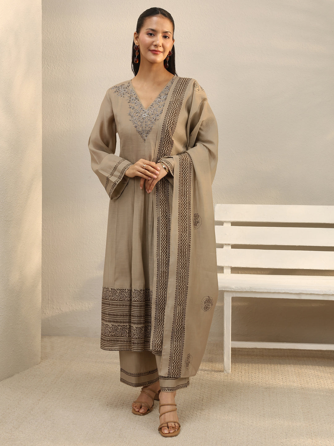 Beige Printed Chanderi Silk A-Line Suit Set