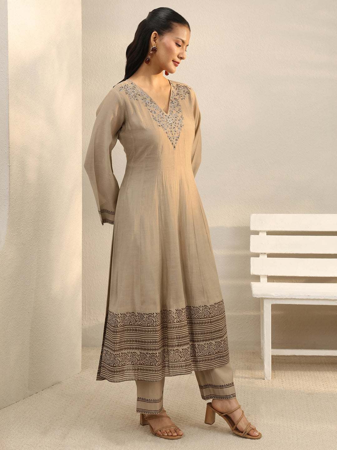 Beige Printed Chanderi Silk A-Line Suit Set